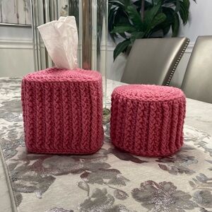 Cozy Pink Knitted Tissue Box Toilet Paper Cover Set